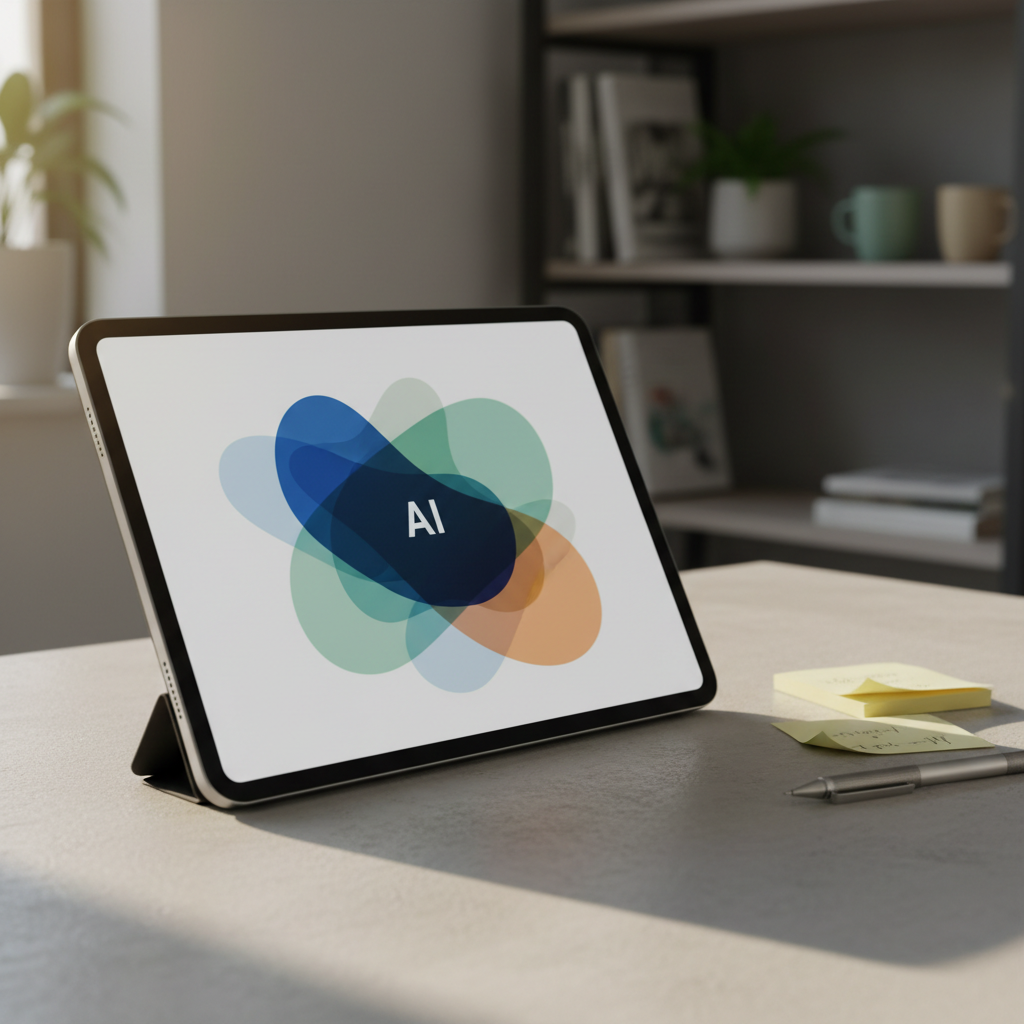 A close-up, photographic image of a sleek, matte-black tablet lying on a light concrete desk, its screen showing a calm, abstract representation of AI reasoning as layered translucent shapes, not circuitry. Beside it, a small stack of sticky notes with faintly visible but unreadable scribbles and a mechanical pencil rest casually, suggesting active thinking. Soft morning sunlight from the left creates gentle highlights along the tablet’s edge and long, delicate shadows across the desk. The background dissolves into a soft bokeh of shelves and plants, evoking a modern, intelligent workspace. Shot at a low, side angle with shallow depth of field, the mood is focused yet approachable, reflecting considered analysis about AI in everyday life.