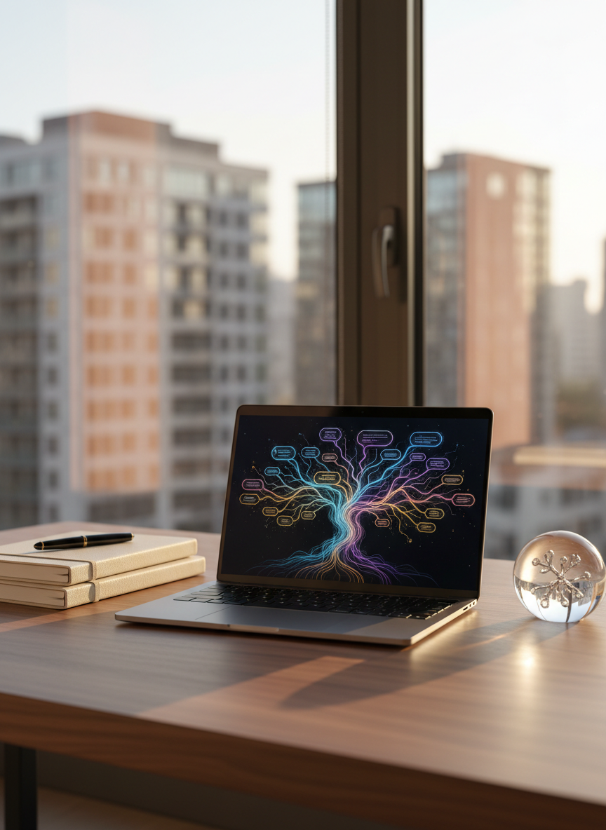 A meticulously organized modern workspace with a slim, dark metal laptop open on a walnut desk, its screen displaying an abstract visualization of interconnected ideas rather than code or circuits. Around it lie neatly stacked notebooks, a fountain pen, and a small, sculptural glass paperweight shaped like a branching thought. The scene is set near a large window overlooking a softly blurred cityscape. Late afternoon natural light streams in, creating gentle highlights on the laptop edges and subtle reflections in the glass. Photographic realism with a calm, contemplative atmosphere, shot at eye level with a shallow depth of field, emphasizing thoughtful AI-driven work without any people or robotic imagery.
