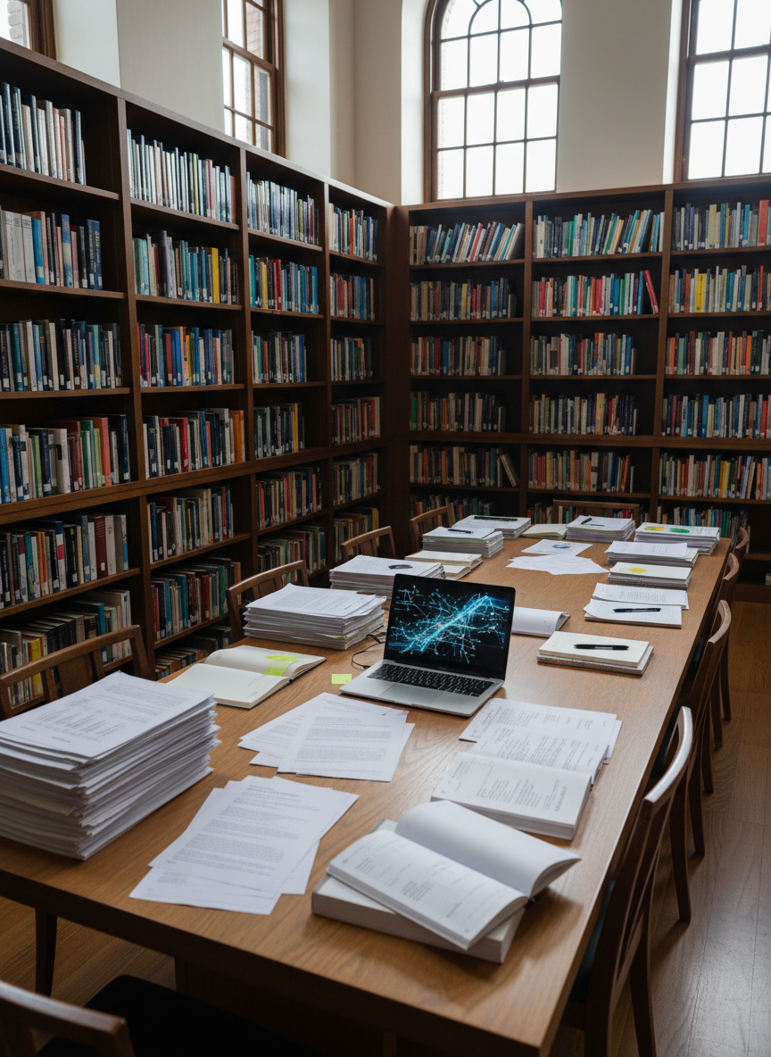 An elegant, minimalist library-like room lined with tall bookshelves filled with diverse, colorful spines, and in the center a large oak table covered with carefully arranged printed research papers and an open laptop. On the laptop screen, a complex but non-technical data pattern glows softly, suggesting AI-assisted insight. Diffused overcast light filters through high windows, casting soft, even illumination and understated shadows across the table surface. The mood is reflective and intellectual, with photographic realism. Captured from a slightly elevated angle using the rule of thirds, the composition draws the eye from the foreground documents into the depth of shelves, symbolizing the bridge between human knowledge and machine intelligence.